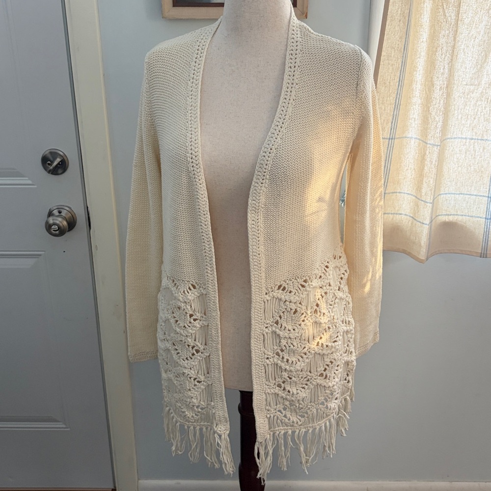 Chico’s Crocheted Knit Open Front Longline Boho Fringe Cardigan Sweater 1